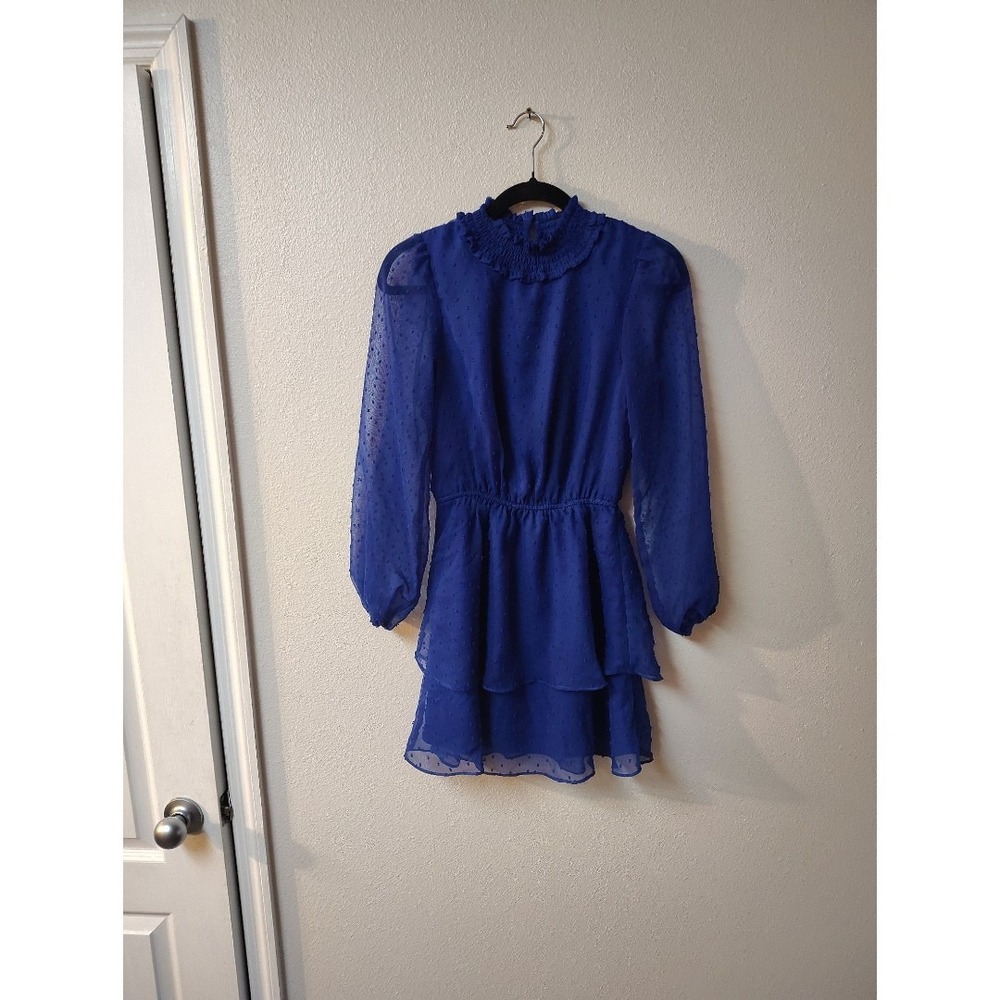 Midnight Doll Royal Blue Swiss Dot Smocked High Neck Tiered Mini Dress XS